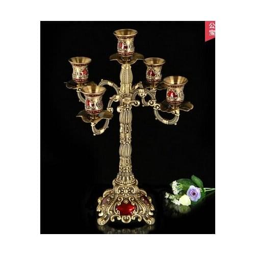 H41cm rare antique metal bronze 5 arm candle holder large size candlestick for vintage home decoration ZT012