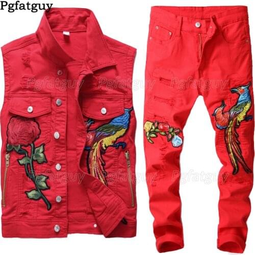 Famous Brand New Men Red Sets Fashion Autumn Embroidery Phoenix Flower Suit Vest+Pants Mens Clothing 2 Piece Sets Slim Tracksuit