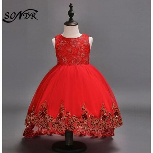 Red Tank Flower Girl Dresses HT227 O-Neck Embroidery Little Kids Party Dress For Wedding Shiny Sequin Bow Princess Ball Gowns