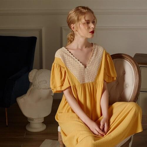 Summer V-neck Nightgowns Retro Classic Bubble Sleeve Sleepwear Short Sleeve Nightdress Long Skirt Home Wear Yellow Night Wear
