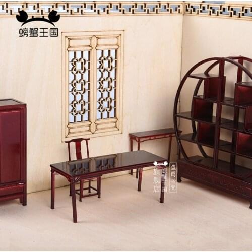 2pcs 1:25 Dollhouse furniture Chinese Style Play Model House Props Painting Table Round cabinet