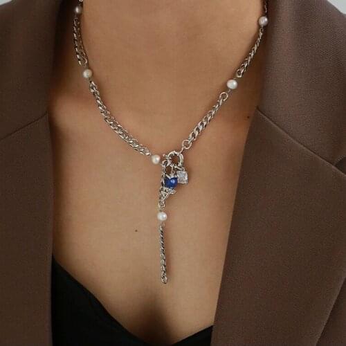 MENGJIQIAO Fashion Punk Silver Color Metal Chain Necklaces Choker For Women Girls Elegant Blue Flower Pendant Party Jewelry