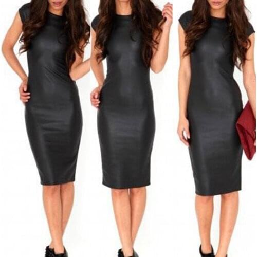 Fashion Sexy Women Faux Leather Solid Color Bodycon Women O Neck Elasticity Slim Fit Short Sleeve Midi Dress