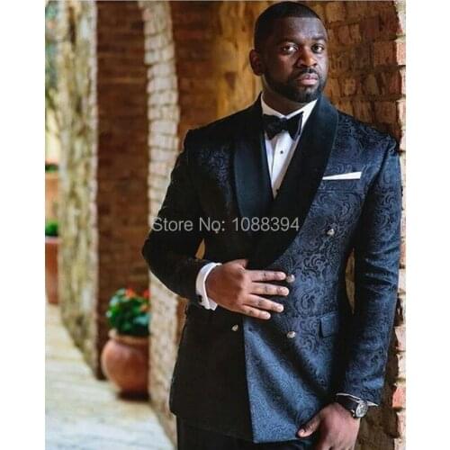 Black Floral Mens Suits With Pants 2018 Formal Double Breasted Wedding Groom Suit For Men Smoking Jacket Groomsmen Tuxedo Suit