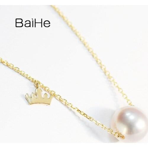 BAIHE Solid 18K Yellow Gold 8-8.5mm Certified H/SI Genuine Natural Freshwater Pearl Women Cute/Romantic Fine Jewelry Necklaces