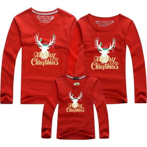Christmas Family Matching Clothes Full Sleeve Family Look T-shirts Christmas Elk Claus Reindeer Elk Print Tees Red Top