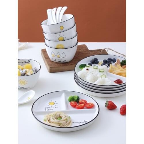 One person eating household breakfast tableware childrens ceramic weight loss plate three compartment plate