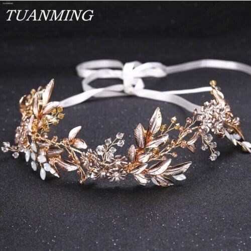 Champagne Golden Flower Leaf Bride Headbands Hair Jewelry Rhinestone Hair Comb Princess Bridal Wedding Hairband Hair Accessories