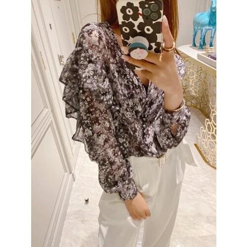 Ladies 2021ss Ruffled V-neck Floral Shirt Loose Blouse