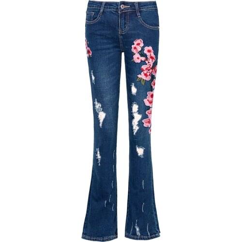 ACRMRAC Women jeans autumn Slim embroidery Hole Flare Pants jeans Women