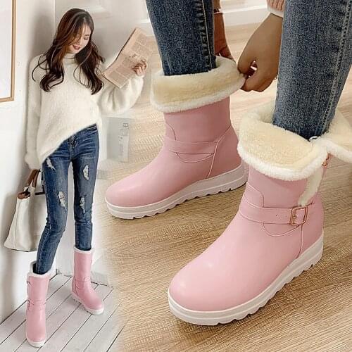 YQBTDL Sweet Height Increasing Mid-calf Snow Boots for Women Wedges Winter Keep Warm Shorty Botas 2021 Pink Black White Shoes