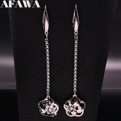 Fashion Flower Stainless Steel Drop Earings Women Silver Color Hollow Long Earrings Jewelry pendientes mujer moda E612665S01