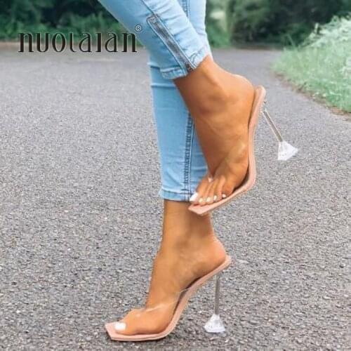 2021 New Summer Pumps Fashion Sandals Crystal Strange Style High Heels Square toe Femal Women Flip-flop Slipper Shoes Woman