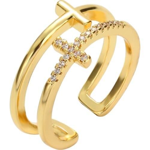 Womens gold cz rings Cross copper zircon open adjustable rings initial Jewery Engagement wedding rings for women religion