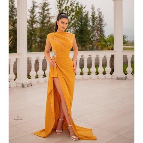 Sexy Long Gold Mermaid Satin Evening Dresses with Slit Floor Length Pleated Zipper Back Beaded Formal Party Dress for Women