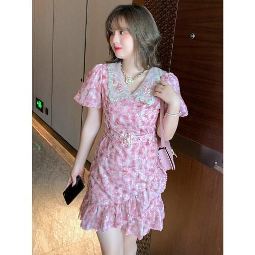 High quality Sequins gauze printed flounce women new summer dress