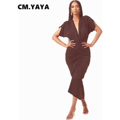 CM.YAYA Women Long Dress Solid Short Sleeve V-neck Stacked Maxi Dresses Vintage Fashion Streetwear Summer Vestidos Outfits 2021