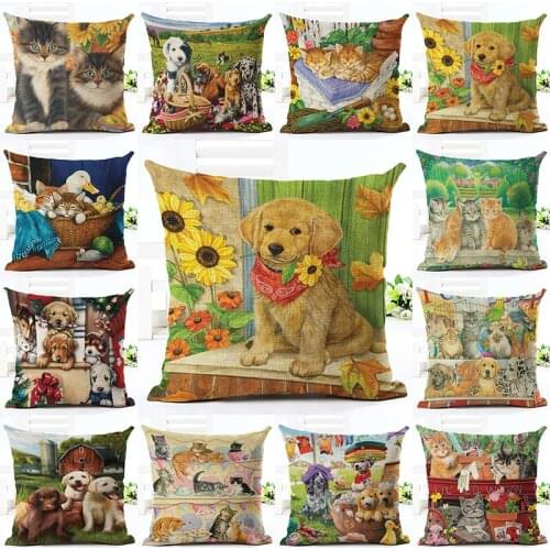 Animal Style Houseware Home Decor lovely dog and cat Printed Sofa Throw Pillowcase Linen Cotton Cushion Cover Almofadas Cojines