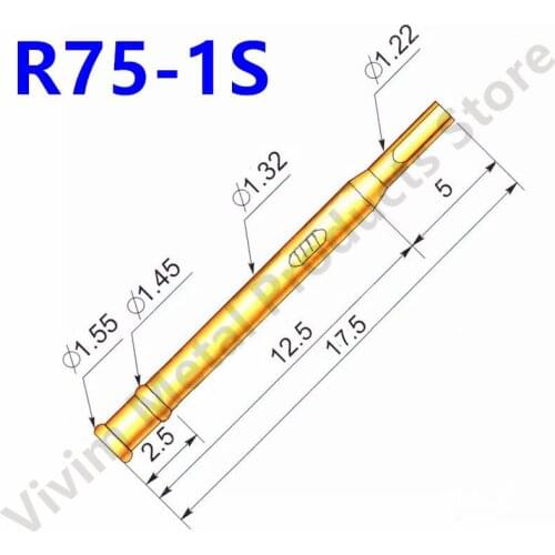 100Pcs R75-1S Brass Tube Gold Plated Spring Test Probe Diameter 1.32mm Length 17.44mm Flat Head Spring Test Probe Receptacles