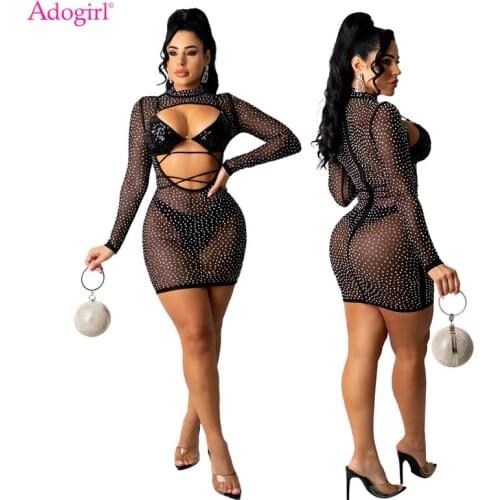 Adogirl 2 Pcs Diamonds Sheer Mesh Mini Dress Sequined Bra Turtleneck Long Sleeve Sheath Night Clubwear Party Dresses