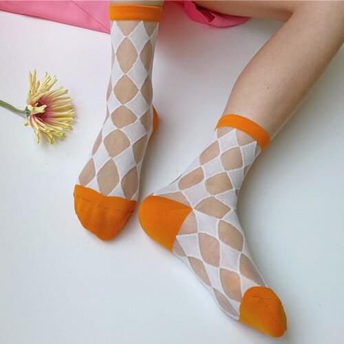 3pairs Summer Contrast Color Style Transparent Thin Glass Silk Women Socks Female Fashion Cute Candy Color Crystal Plaid Socks