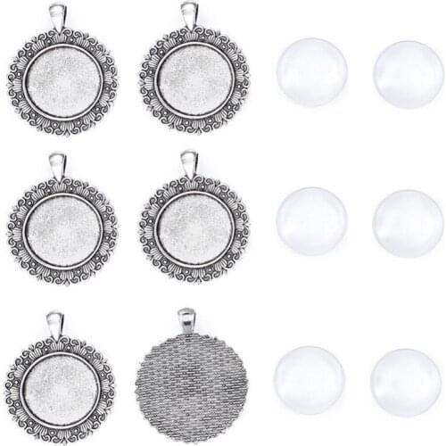 6sets/box DIY Bubble Locket, Alloy Pendant Bezel Settings and Clear Glass Cabochons 48x38.5x2.5mm, Hole: 6.5x4m, Glass : 25x7mm