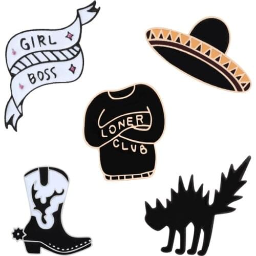 6 Stye Black Pins Hat Button Cat Boots 'Loner Club' Sweater Badge 'Girl Boss' Metal Enamel Brooches For Men Accessories Jewelry