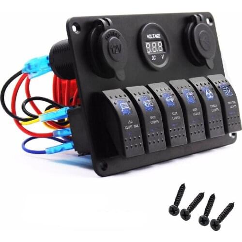 Auto Dual USB Port 6 Gang Switch Panel High-end luxury switch with LED Indicator Light 12V-24V Cigarette Lighter Socket