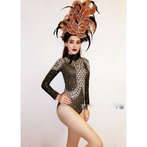 Sparkly black jumpsuit bar nightclub GOGO stage dance costumes Party Feather headdress