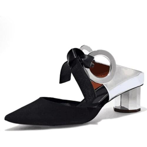 Summer Double Bling Circles Lace Up Round Heels Slingback Sandals Women Med Heels Bandage Pointed Toe Mules Party Shoes Women