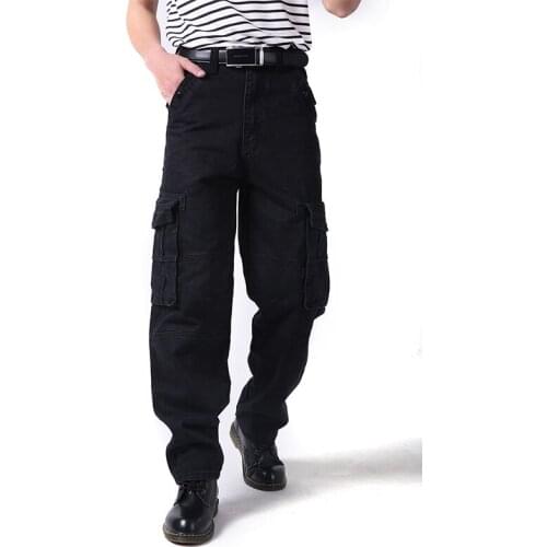 Mcikkny Mens Cargo Skateboard Jeans Trousers Loose Baggy Denim Pants For Male Size 30-44 Black Color