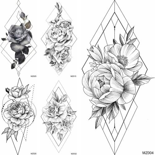 Black Flower Temporary Tattoos Sticker Watrtproof Geometric Tatoo Paper For Women Girl Fashion Body Art Arm Chest Tattoo Sticker