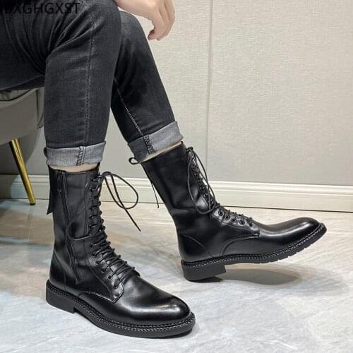Black Motorcycle Boots for Men Male Leather Casual Shoes Men Chunky Boots for Man 2021 Martin Boots Men Platform Shoes Man