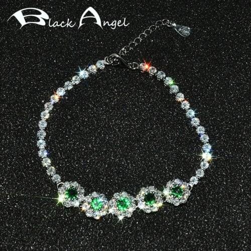 BLACK ANGEL 925 Sterling Silver Luxury Emerald Gemstone Snowflake Shiny Inset Zircon Bracelet for Women Wedding Jewelry Gift
