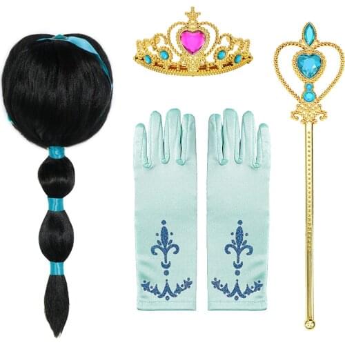 Girls Aladdin Princess Accessory Jasmine Party Tiara Crown Necklace Earrings Magic Lamp Synthetic Hair Kids Jasmine Dress up Wig