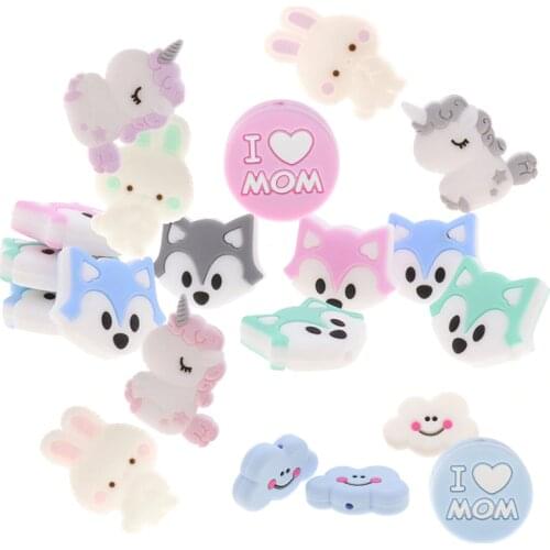 Fkisbox 5pc Rodent Silicone Unicorn Baby Teether Beads Flower Mordedor BPA Free Infant Chewing Teething Necklace Bunny Cloud Fox