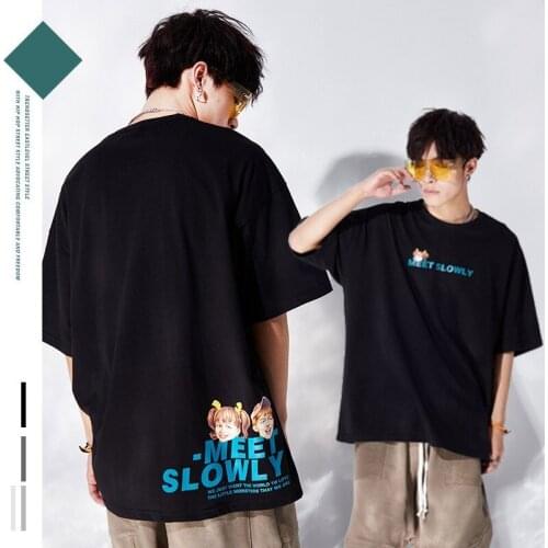 2021 Summer Mens T-shirt American Style Trend Street Character Print Falling Shoulder Loose Oversized High Street Short Sleeve