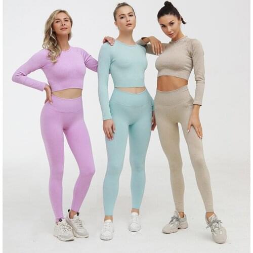LANTECH Women Sports Suits Set Yoga Sets Gym Fitness Athletic Pants Sportswear Leggings Shirt Seamless Sports Activewear