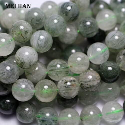 Meihan wholesale (1 strand) 10mm natural Actinolite green rutilated quartz crystal smooth round beads stone for jewelry maki