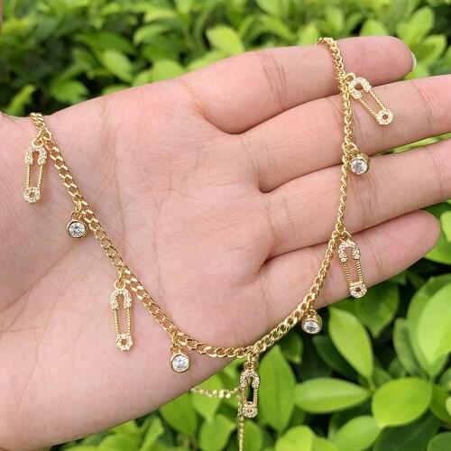Pin Shape Mini CZ Micro Insert Gold-plated Pendant Brass Cubas Chain Necklace Suitable For Anniversary/Birthday Gifts