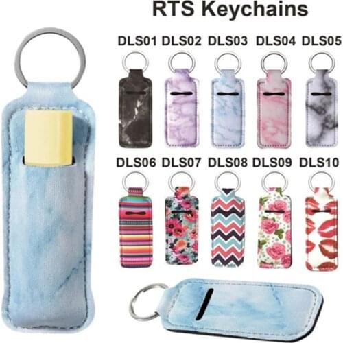 Marble Design 10Pcs/Lot Neoprene Keychain Chapstick Holders Lip Balm Holder Monogram Keyring Colorful Floral Print