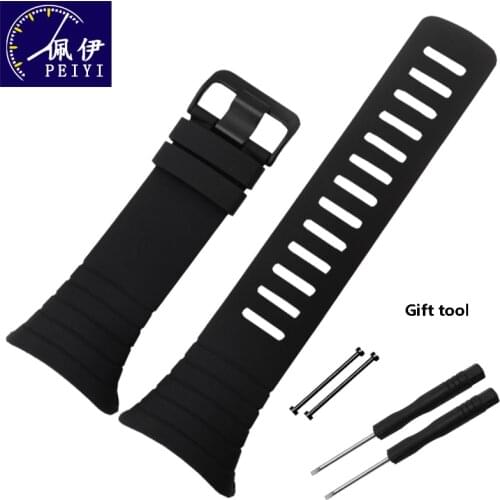 PEIYI Soft waterproof silicone watchband black rubber strap with tools replacement bracelet for Suunto core with