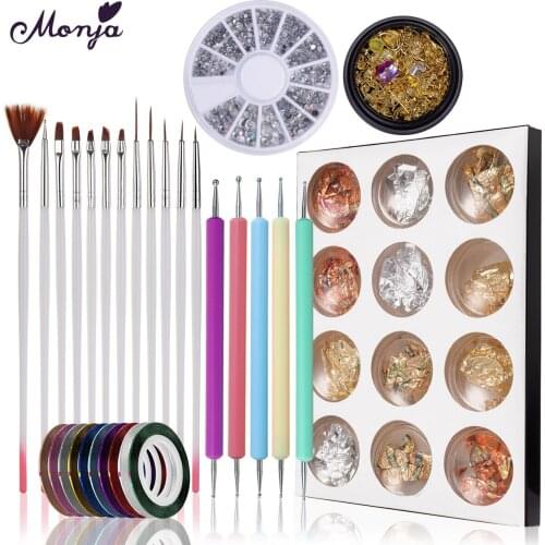 Monja Nail Art Set 15Pcs Painting Brush 5 Pcs Dotting Picking Pen Rhinetstone Flake Deco Nail Foil Tape Sticker DIY Manicure Kit
