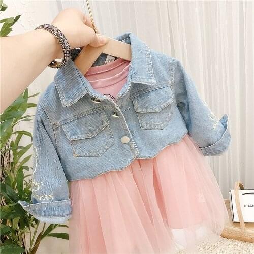 Kids dresses for girls autumn dress Casual clothes Bunny embroidery Denim jacket Long sleeve dress 2pcs Toddler Baby girl outfit