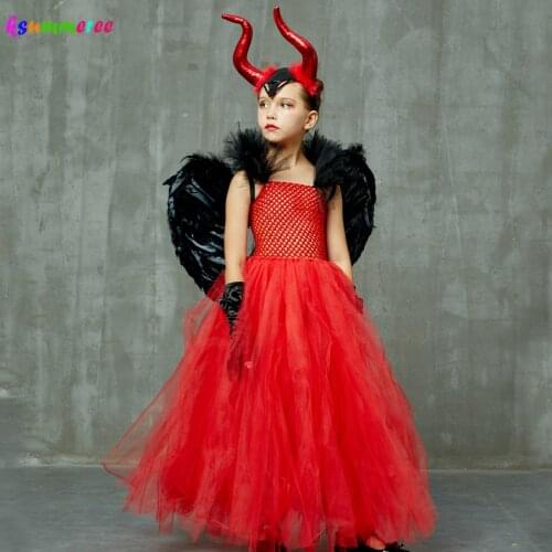 Red Devil Halloween Girls Gown Tutu Dress Costume Kids Crimson Demoness Dress with Horns and Wings Cosplay Party Witch Clothing