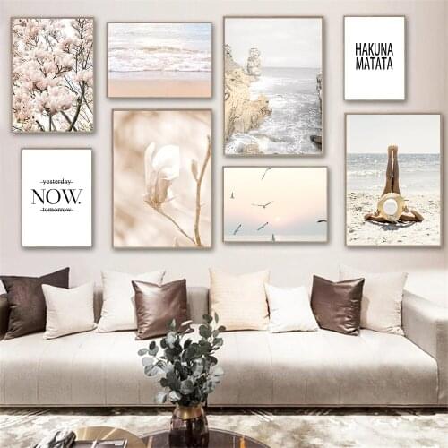 Beach Waves Girl Canvas Painting Ocean Landscape Poster Seagull Flower Beige Wall Art Print Nordic Wall Pictures Home Decoration