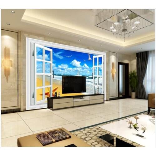 Custom photo wallpaper 3d mural wallpaper for walls 3d Window seaside beach scenery Mediterranean style background wall papers