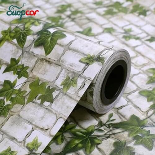 Self-adhesive Country Thicken Wallpaper Green Leaf Brick Pattern PVC Waterproof Living Room Restaurant Renovation Wall Stickers