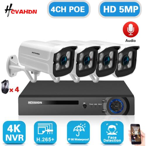 Face Detection 4CH POE NVR Kit 4K Outdoor Waterproof Audio IP CCTV Security Camera System Set 5MP POE Video Surveillance System