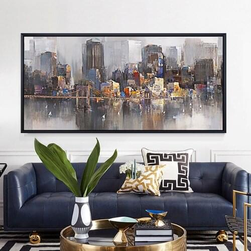 Modern living room decoration painting hand-painted oil painting abstract city urban viaduct gray white canvas painting wall art